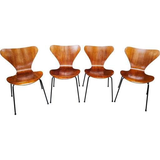 Set van 4 vintage Butterfly 3107 stoelen in zwart metaal en teak van Arne Jacobsen, 1971