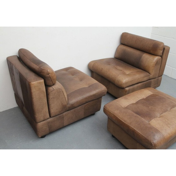 Image 1 of Paar vintage buffelleer fauteuils en voetsteunen, 1970