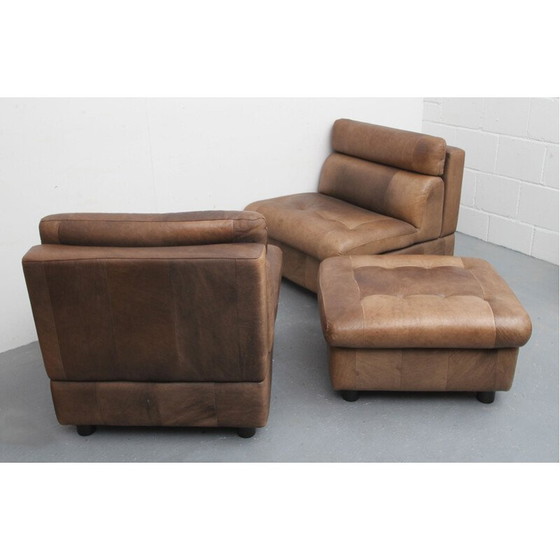 Image 1 of Paar vintage buffelleer fauteuils en voetsteunen, 1970