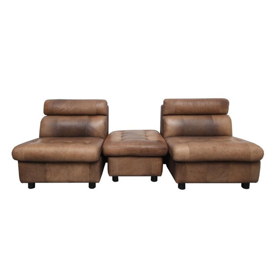 Image 1 of Paar vintage buffelleer fauteuils en voetsteunen, 1970