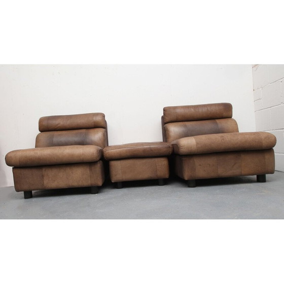 Image 1 of Paar vintage buffelleer fauteuils en voetsteunen, 1970