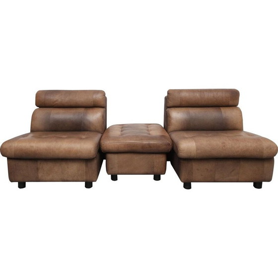 Image 1 of Paar vintage buffelleer fauteuils en voetsteunen, 1970