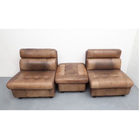 Image 1 of Paar vintage buffelleer fauteuils en voetsteunen, 1970