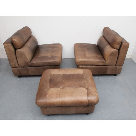 Image 1 of Paar vintage buffelleer fauteuils en voetsteunen, 1970