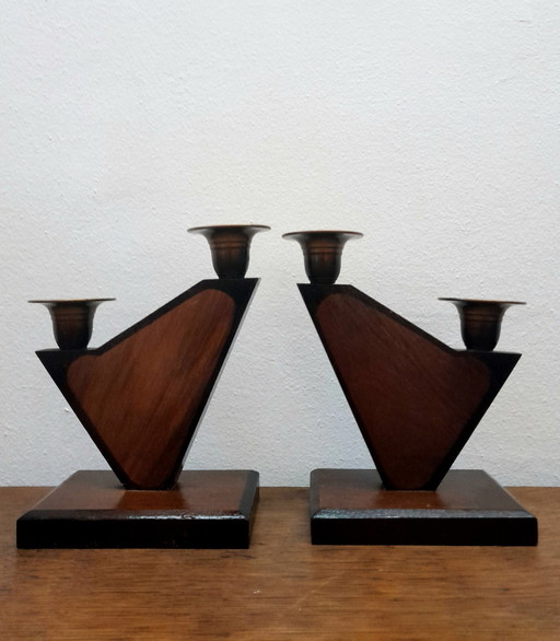 2X Art Deco Houten Kerk Kandelaars