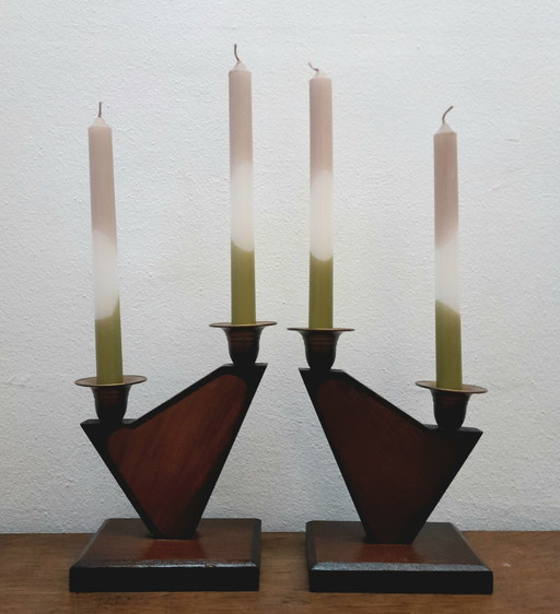 2X Art Deco Houten Kerk Kandelaars