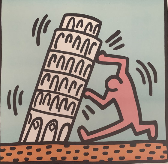 Image 1 of Keith Haring, "Pisa 1989". Lithografie. Mooi Dik Kwaliteit Ivoorpapier. In Uitstekende Staat.