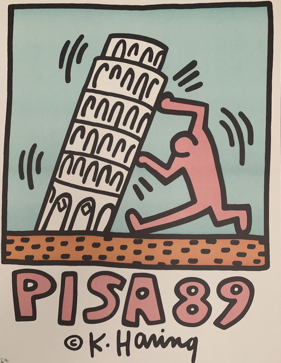 Image 1 of Keith Haring, "Pisa 1989". Lithografie. Mooi Dik Kwaliteit Ivoorpapier. In Uitstekende Staat.