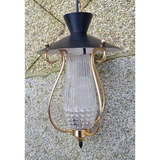 Image 1 of Vintage hanglamp van dik glas en messing, 1950