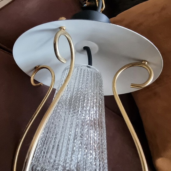 Image 1 of Vintage hanglamp van dik glas en messing, 1950