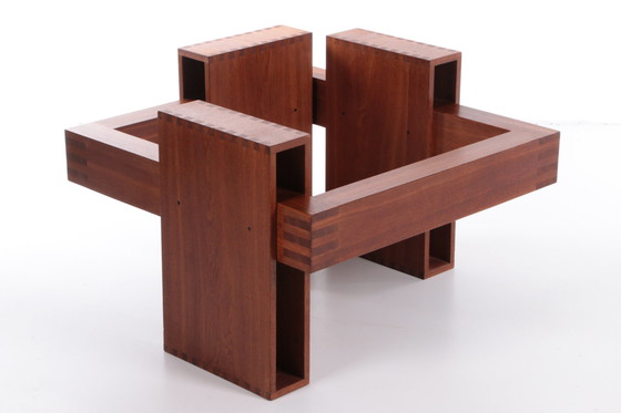 Image 1 of Franse Brutalistische Design salontafel van teakhout met glasplaat,1970