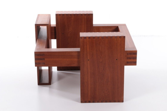 Image 1 of Franse Brutalistische Design salontafel van teakhout met glasplaat,1970