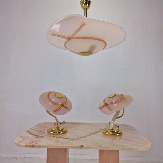 Image 1 of Paar vintage tafellampen met Murano glazen hanglamp, Italië 1970