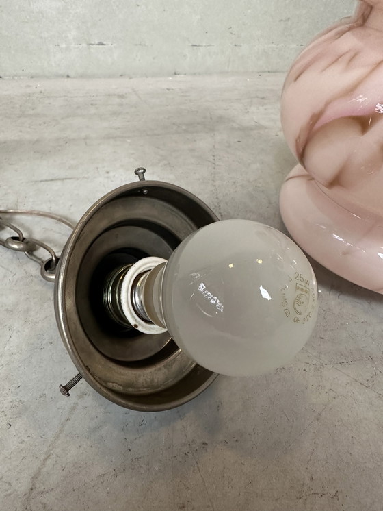 Image 1 of Art deco gemarmerde opaline hanglamp - rosé