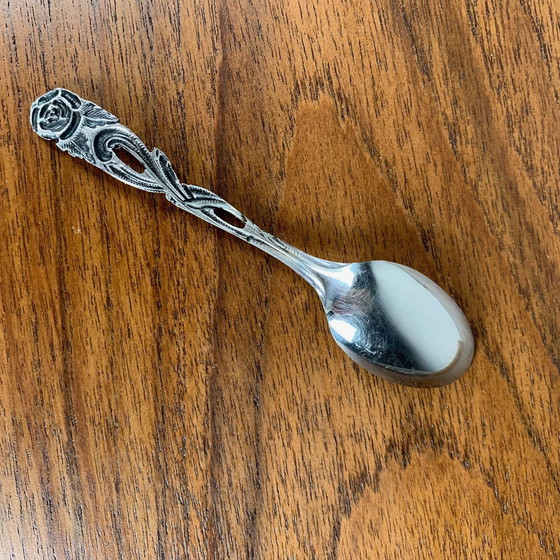 Image 1 of Set voor 6 personen Antiek zilveren metalen dessertlepels en vorken, bloemmotief