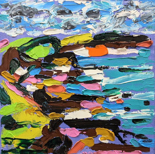 Widemouth Bay Zeegezicht Cornwall Origineel Canvas Acrylschilderij Nigel Waters 20X20Cm