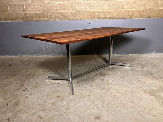 Image 1 of Vintage Industrieel Eettafel Massief Met Chroom