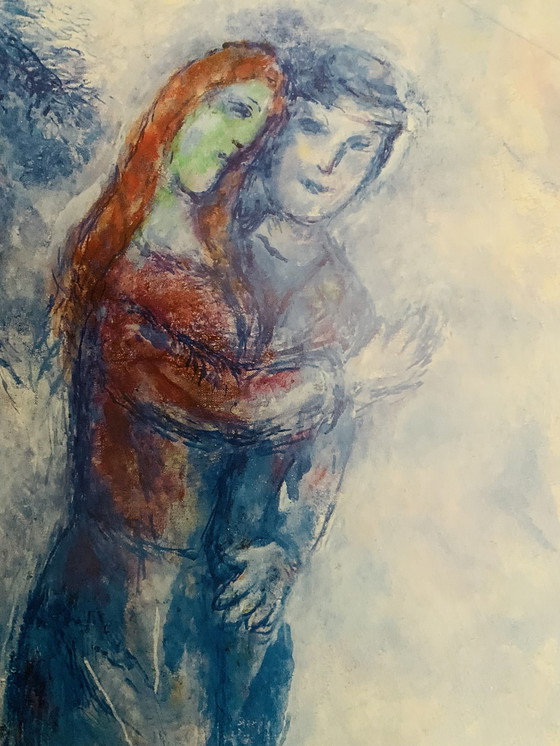 Image 1 of Marc Chagall: “Koppel Op St. Paul De Vence, 1970-71, Privécollectie”, Gesigneerd In De Plaat. 