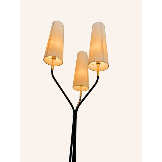 Image 1 of Vintage driepoot vloerlamp van metaal en messing voor Lunel, 1955