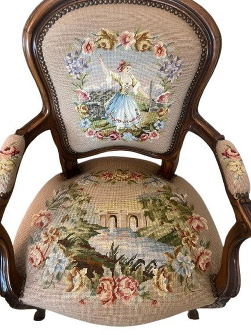 2x Antieke Fauteuil Lodewijk Xv Stijl Gobelin