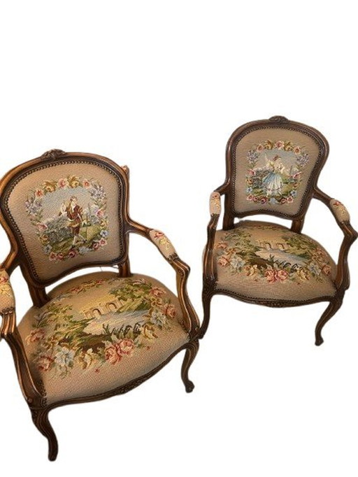 2x Antieke Fauteuil Lodewijk Xv Stijl Gobelin