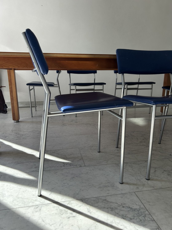 Image 1 of Set Eetkamerstoelen RVS Met Blauw Leer