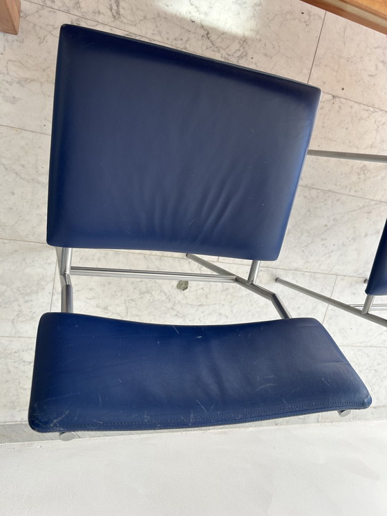 Image 1 of Set Eetkamerstoelen RVS Met Blauw Leer