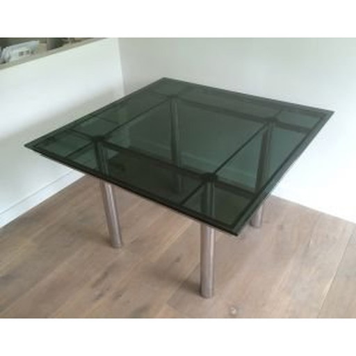 Vintage Scarpa tafel in zilverstaal en glas 1970