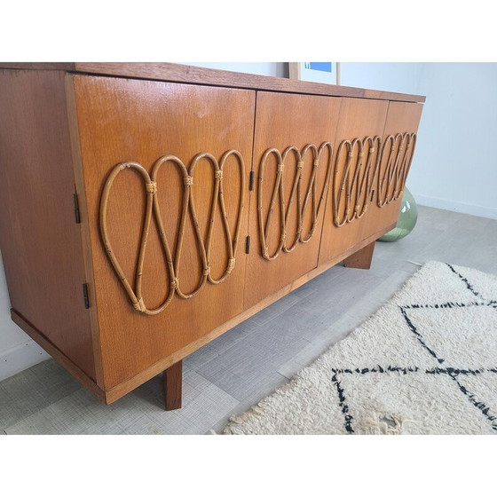 Image 1 of Vintage eiken fineer en rotan dressoir, 1970