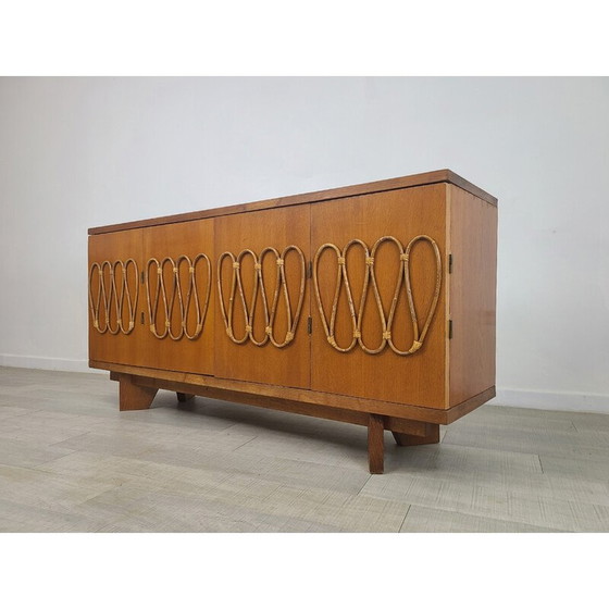 Image 1 of Vintage eiken fineer en rotan dressoir, 1970