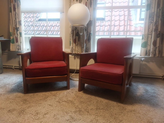 Image 1 of 2 Fauteuils Henrie Van Der Velde - Donkerrode Originele Bekleding