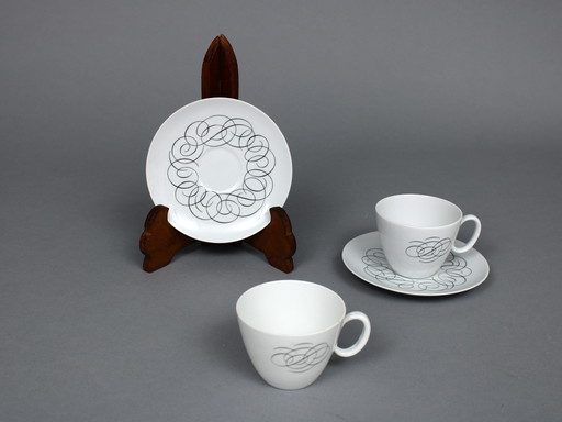 Raymond Loewy (1883-1986) Set Van 4 Thee Kop En Schotels, Rosenthal Continental China, Script Decor 