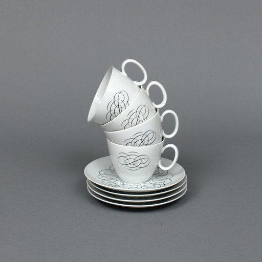 Raymond Loewy (1883-1986) Set Van 4 Thee Kop En Schotels, Rosenthal Continental China, Script Decor 