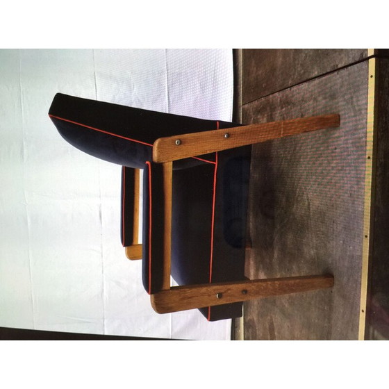 Image 1 of Vintage fauteuil in massief eiken met grijs en koraal fluwelen bekleding van Marcel Gascoin