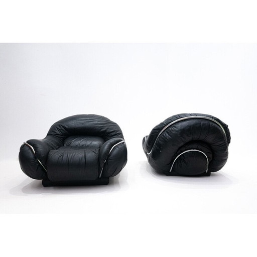 Paar vintage zwart leren fauteuils, 1960