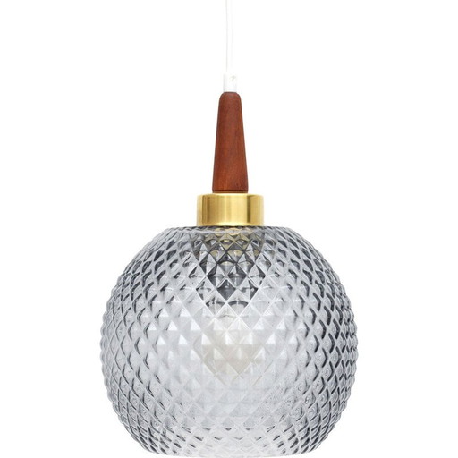 Vintage hanglamp van grijs kristalglas en teakhout, Denemarken 1960