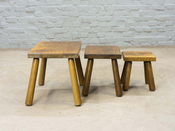 Image 1 of Charlotte Perriand Style Brutalist Rectangle massief eiken Tafels / Krukjes, set van 3, jaren 60.