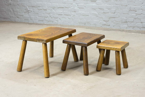 Image 1 of Charlotte Perriand Style Brutalist Rectangle massief eiken Tafels / Krukjes, set van 3, jaren 60.