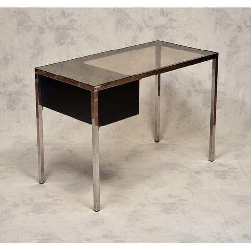 Vintage chroommetaal en houten bureau van Guy Lefèvre, 1970