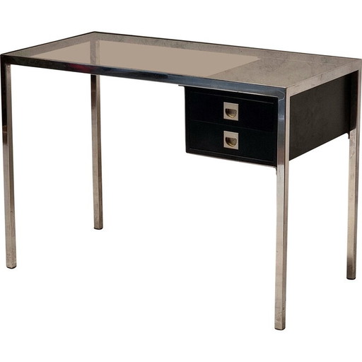 Vintage chroommetaal en houten bureau van Guy Lefèvre, 1970