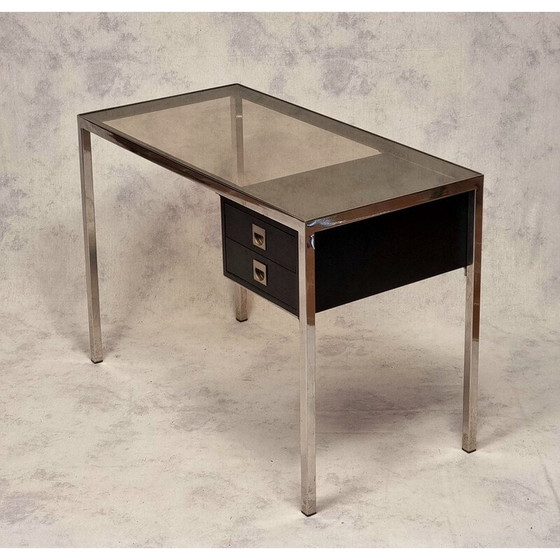 Image 1 of Vintage chroommetaal en houten bureau van Guy Lefèvre, 1970