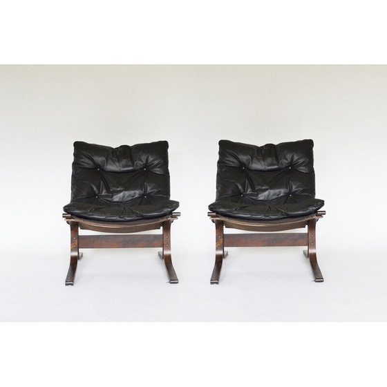 Image 1 of Paar vintage zwart lederen Siesta fauteuils van Ingmar Relling voor Westnofa, Noorwegen 1960