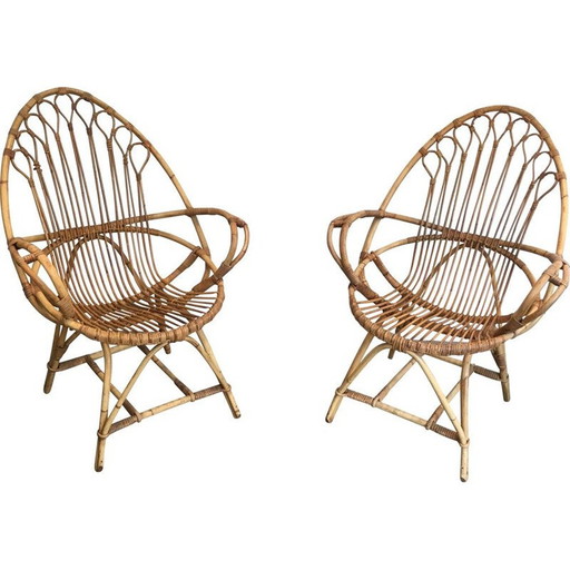 Paar vintage rotan fauteuils, eivorm, 1950