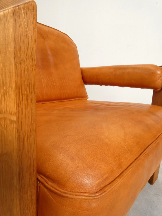 Image 1 of 2 oak armchairs in cognac leather by Skilla 