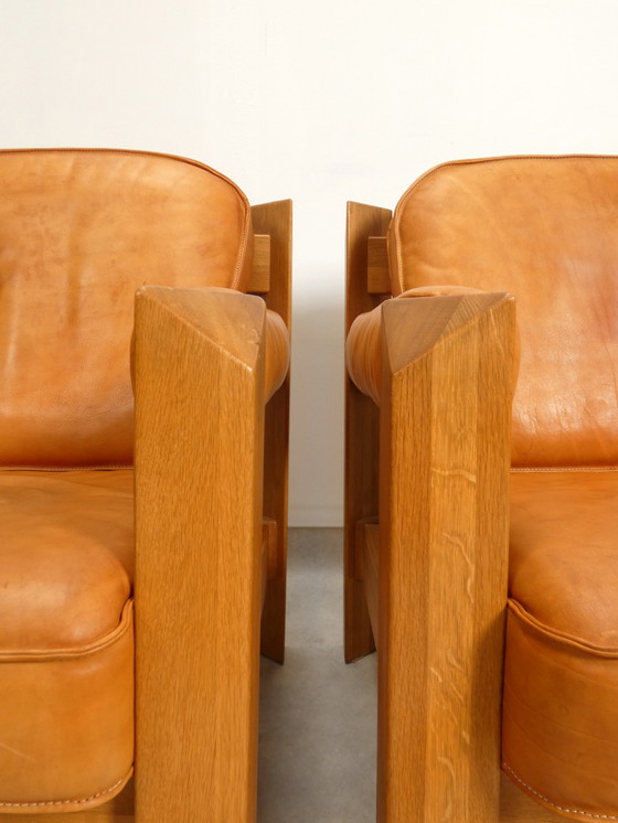 Image 1 of 2 oak armchairs in cognac leather by Skilla 