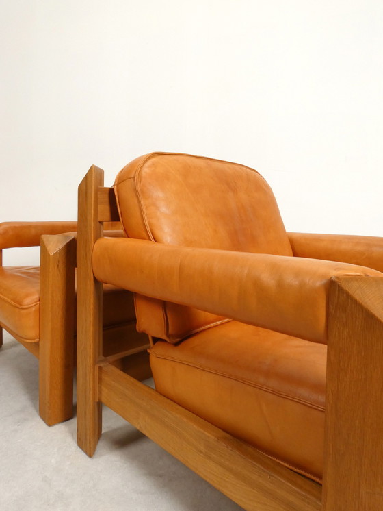 Image 1 of 2 oak armchairs in cognac leather by Skilla 