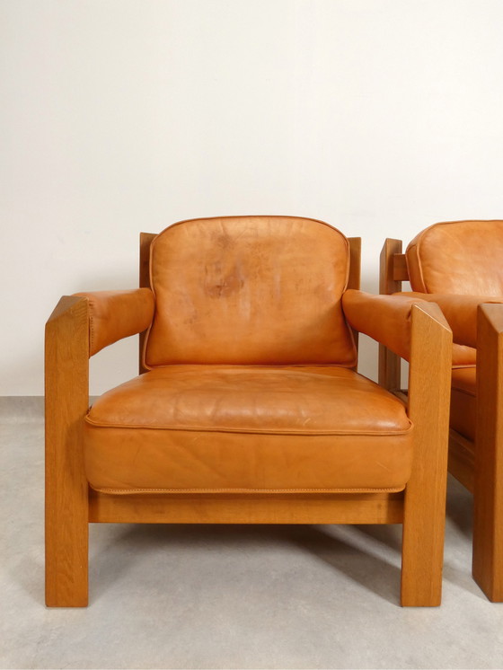 Image 1 of 2 oak armchairs in cognac leather by Skilla 