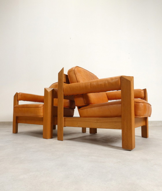 Image 1 of 2 oak armchairs in cognac leather by Skilla 