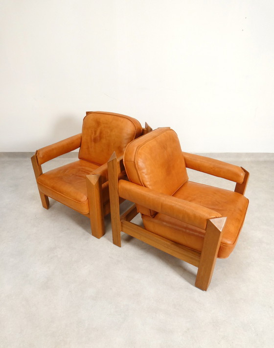 Image 1 of 2 oak armchairs in cognac leather by Skilla 