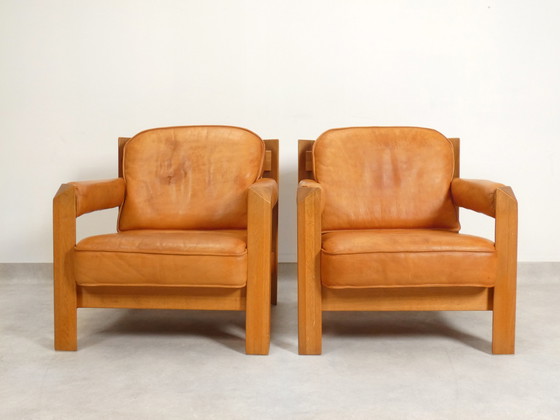 Image 1 of 2 oak armchairs in cognac leather by Skilla 